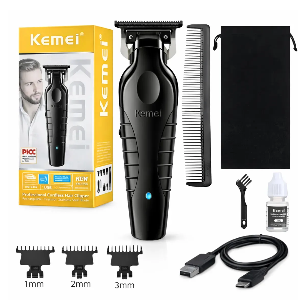 Máquina de Corte de Cabelo kemei KM-2299 Profissional Portátil USB
